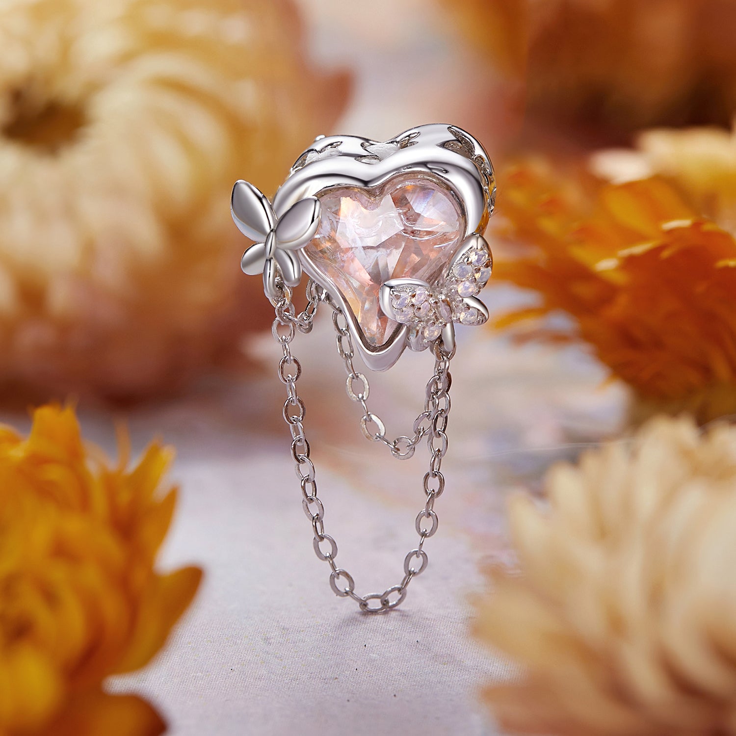 Dancing Butterfly Heart Chain Charm Pendant in 925 Sterling Silver
