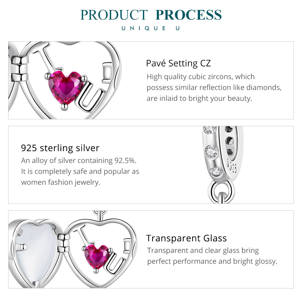 925 Sterling Silver “I ♥ U” Heart Locket Pendant Charm with Pink CZ