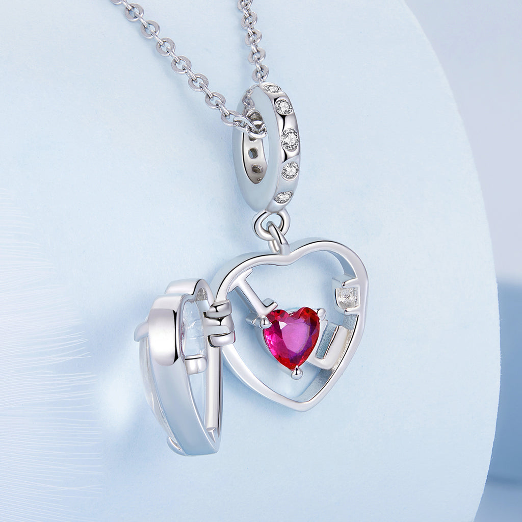 925 Sterling Silver “I ♥ U” Heart Locket Pendant Charm with Pink CZ