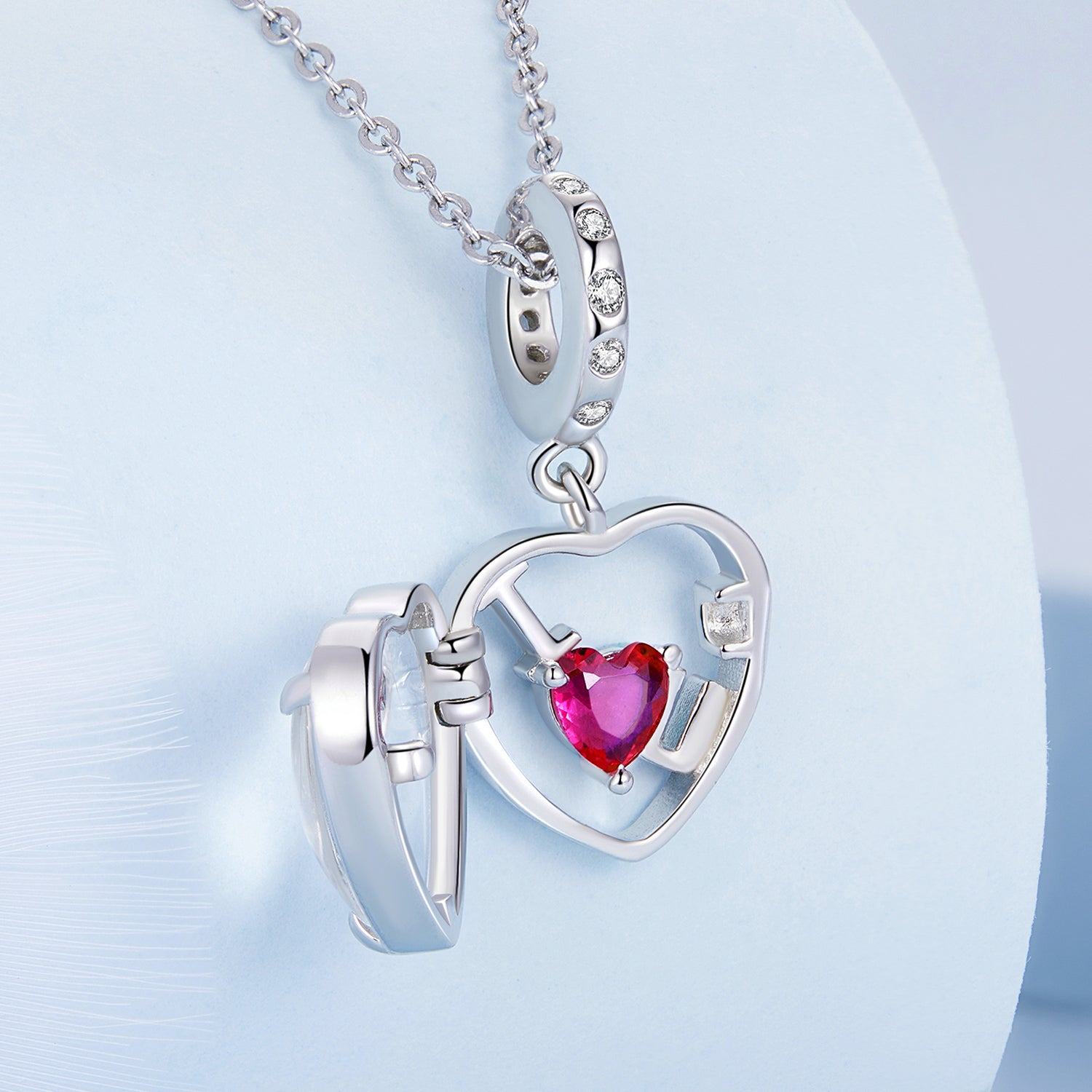925 Sterling Silver “I ♥ U” Heart Locket Pendant Charm with Pink CZ