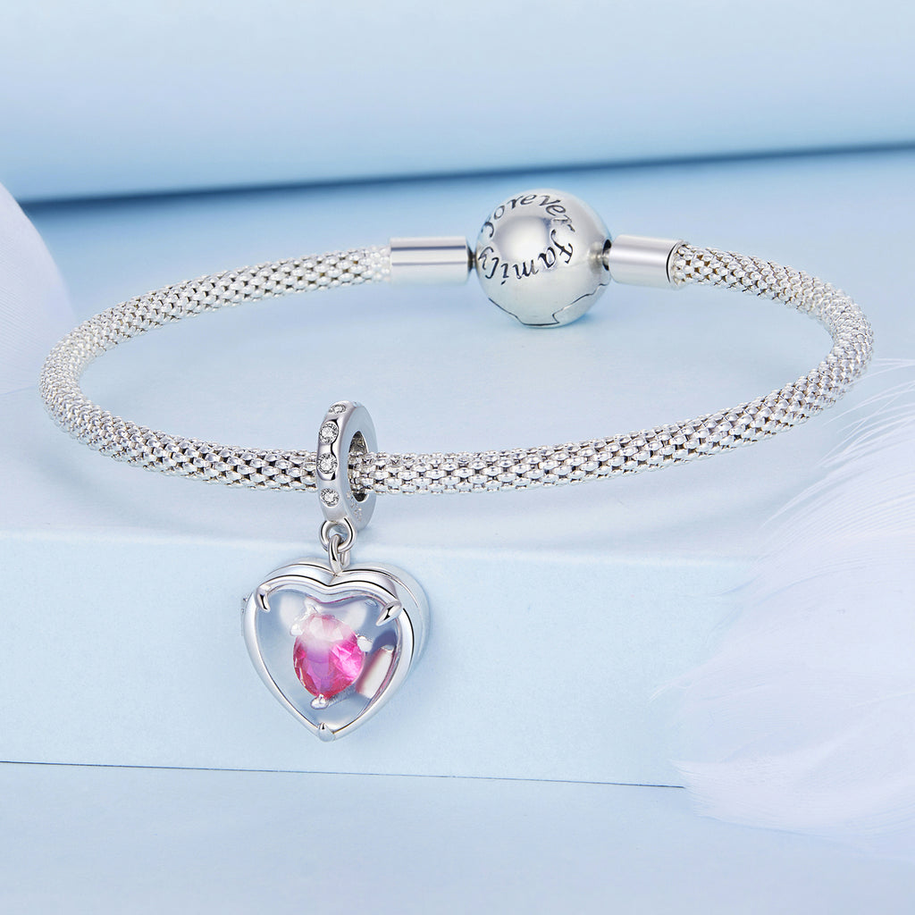 925 Sterling Silver “I ♥ U” Heart Locket Pendant Charm with Pink CZ