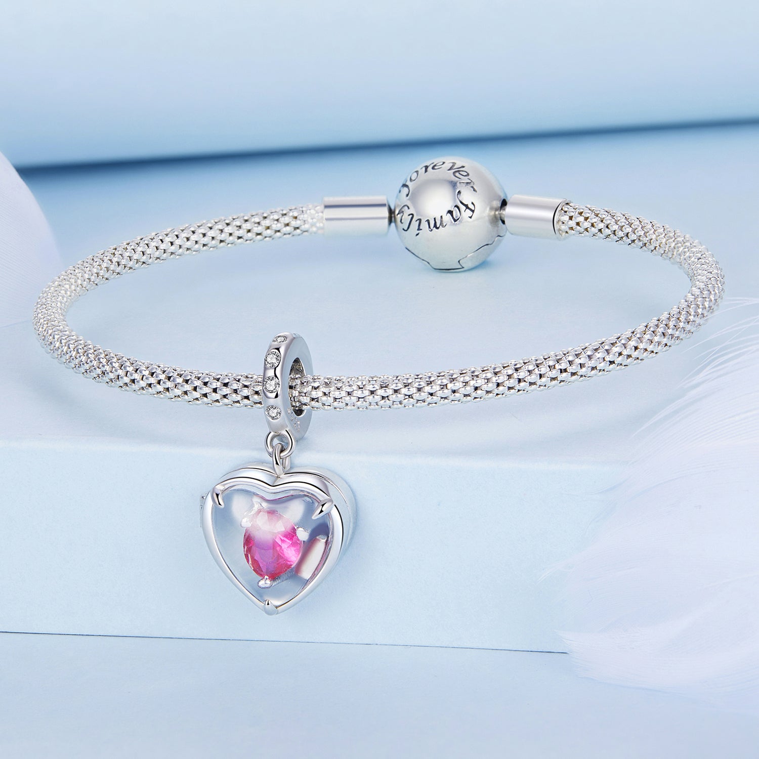 925 Sterling Silver “I ♥ U” Heart Locket Pendant Charm with Pink CZ