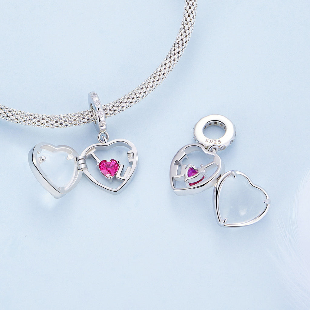 925 Sterling Silver “I ♥ U” Heart Locket Pendant Charm with Pink CZ