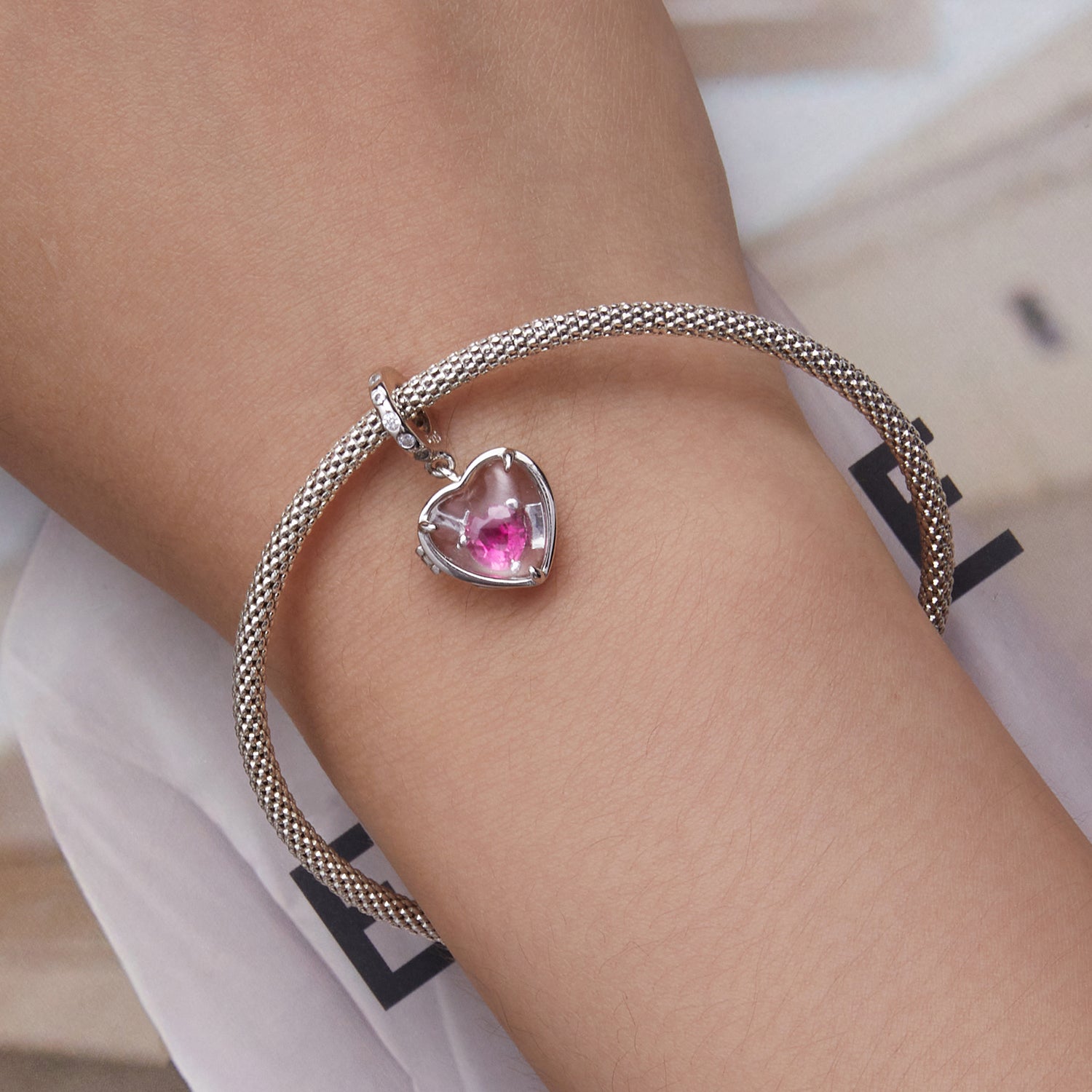 925 Sterling Silver “I ♥ U” Heart Locket Pendant Charm with Pink CZ