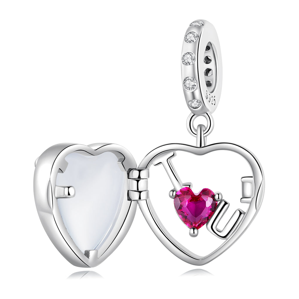 925 Sterling Silver “I ♥ U” Heart Locket Pendant Charm with Pink CZ