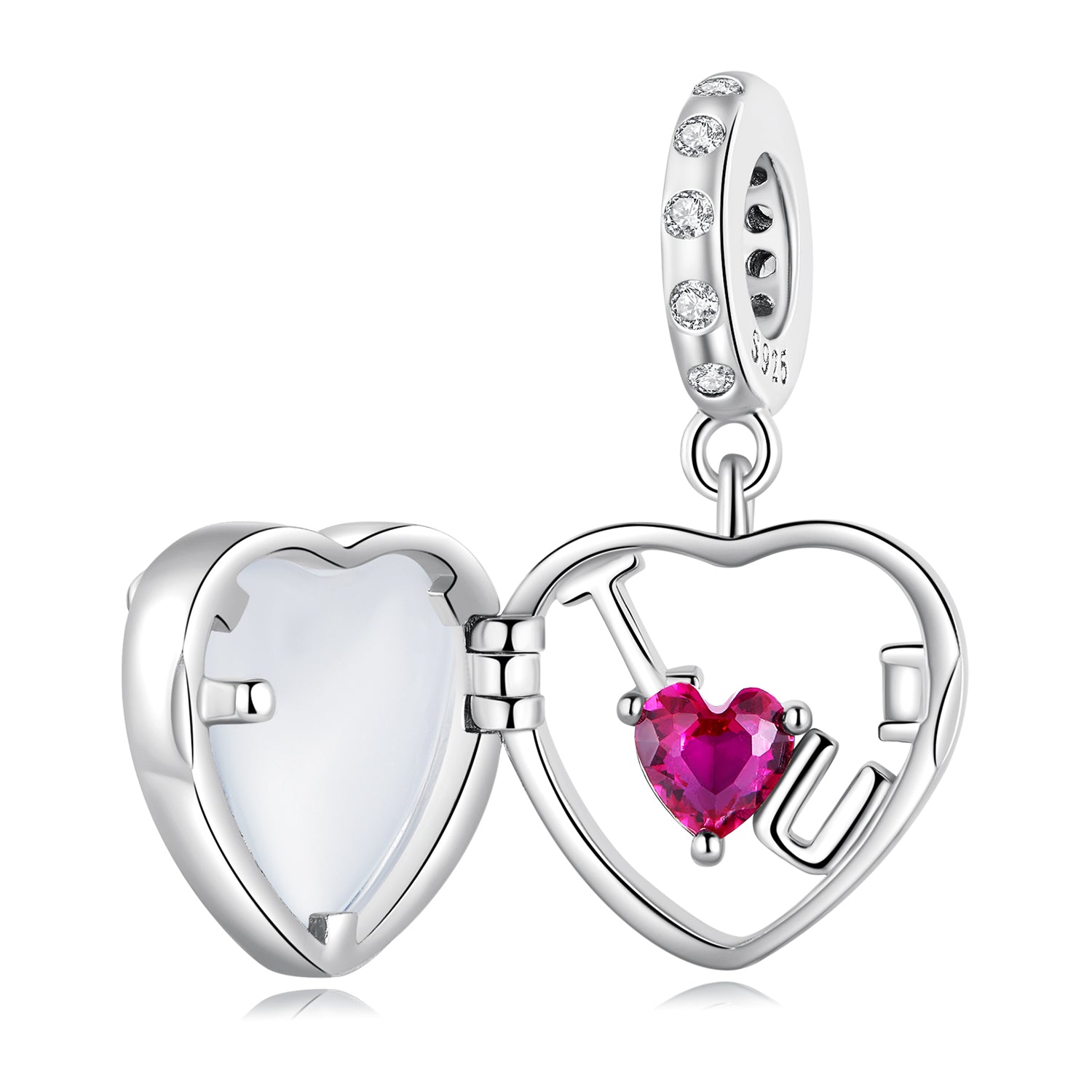925 Sterling Silver “I ♥ U” Heart Locket Pendant Charm with Pink CZ