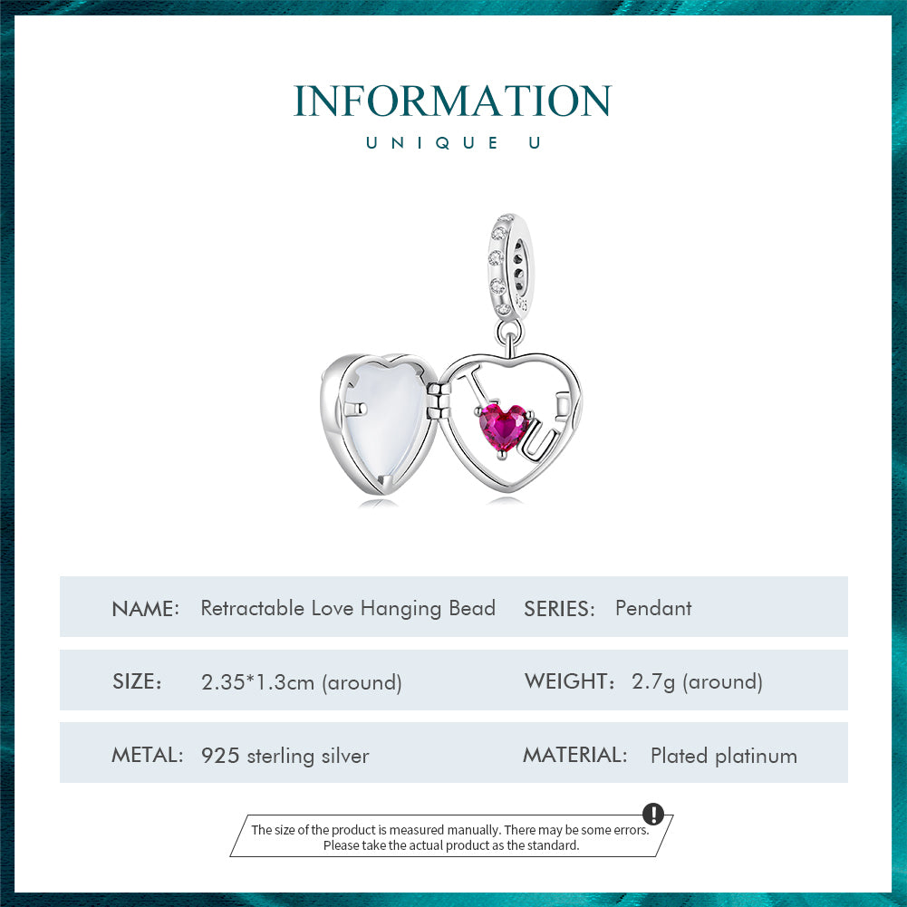 925 Sterling Silver “I ♥ U” Heart Locket Pendant Charm with Pink CZ