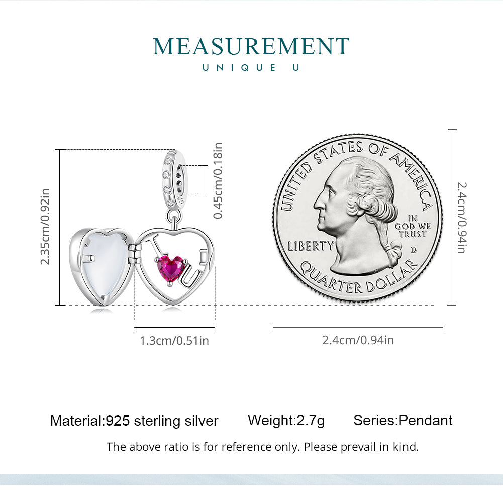 925 Sterling Silver “I ♥ U” Heart Locket Pendant Charm with Pink CZ