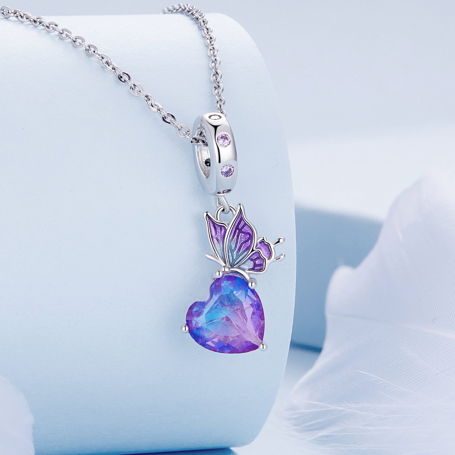 Enamel Butterfly & Iridescent Heart 925 Sterling Silver Charm Pendant