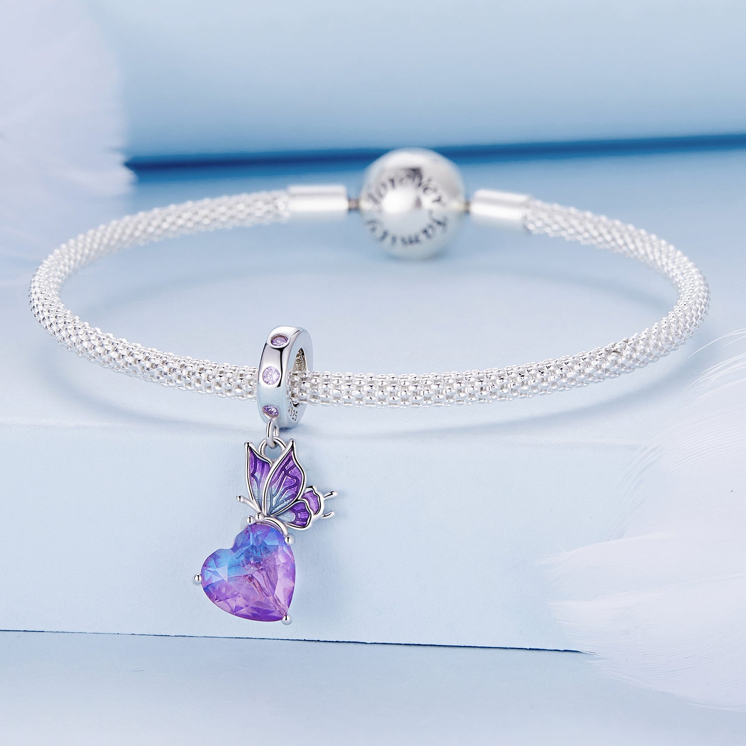 Enamel Butterfly & Iridescent Heart 925 Sterling Silver Charm Pendant