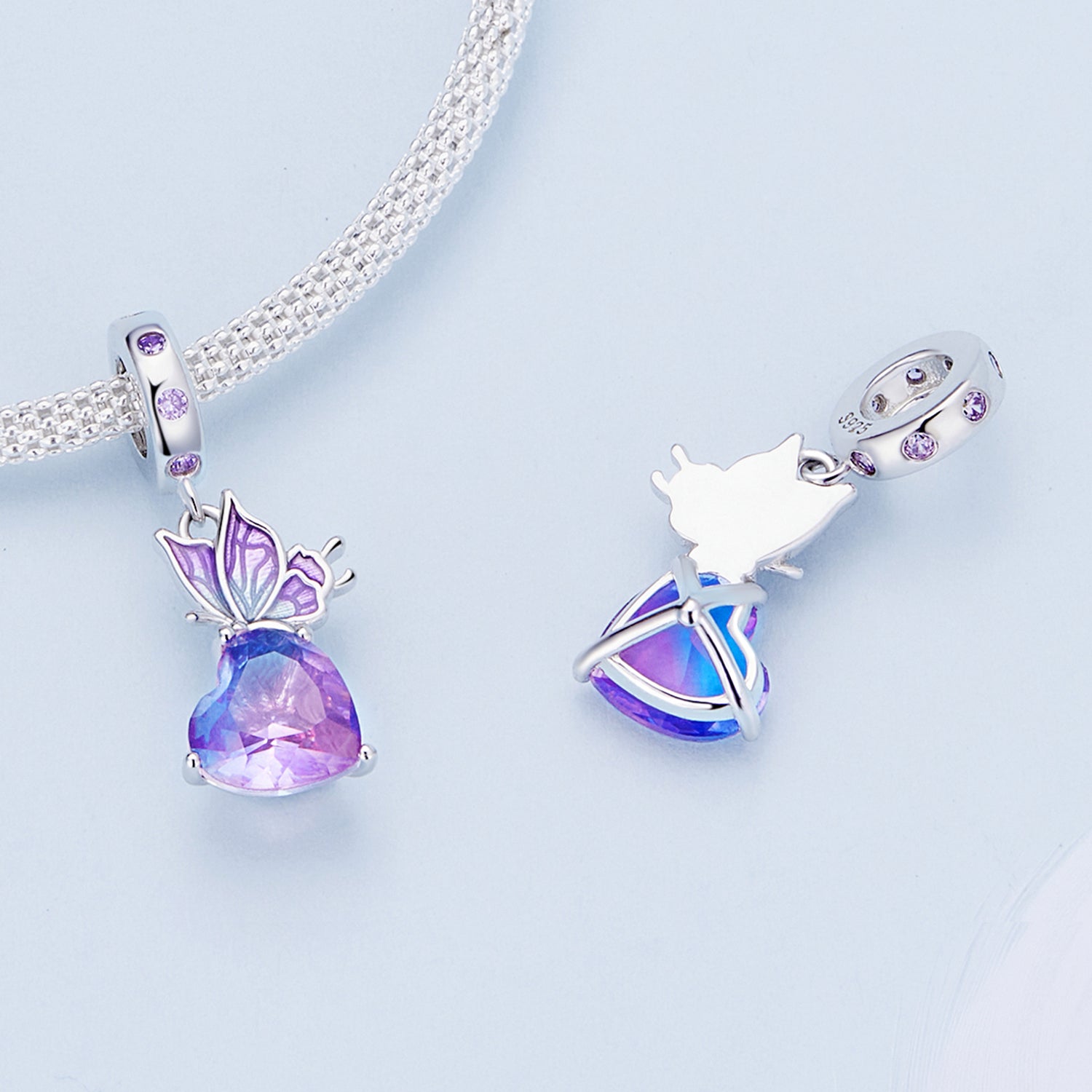 Enamel Butterfly & Iridescent Heart 925 Sterling Silver Charm Pendant