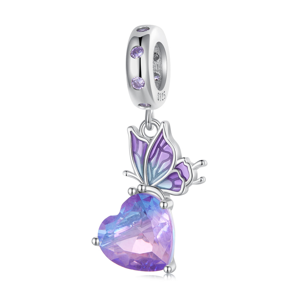 Enamel Butterfly & Iridescent Heart 925 Sterling Silver Charm Pendant