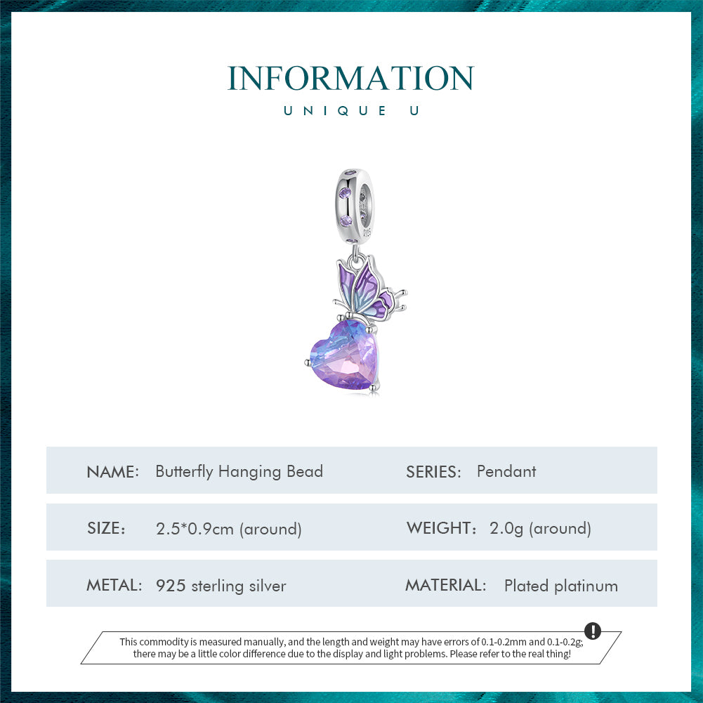 Enamel Butterfly & Iridescent Heart 925 Sterling Silver Charm Pendant