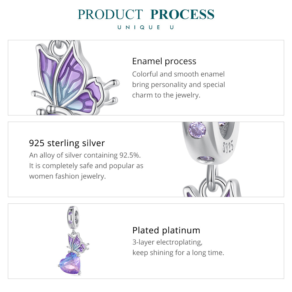 Enamel Butterfly & Iridescent Heart 925 Sterling Silver Charm Pendant