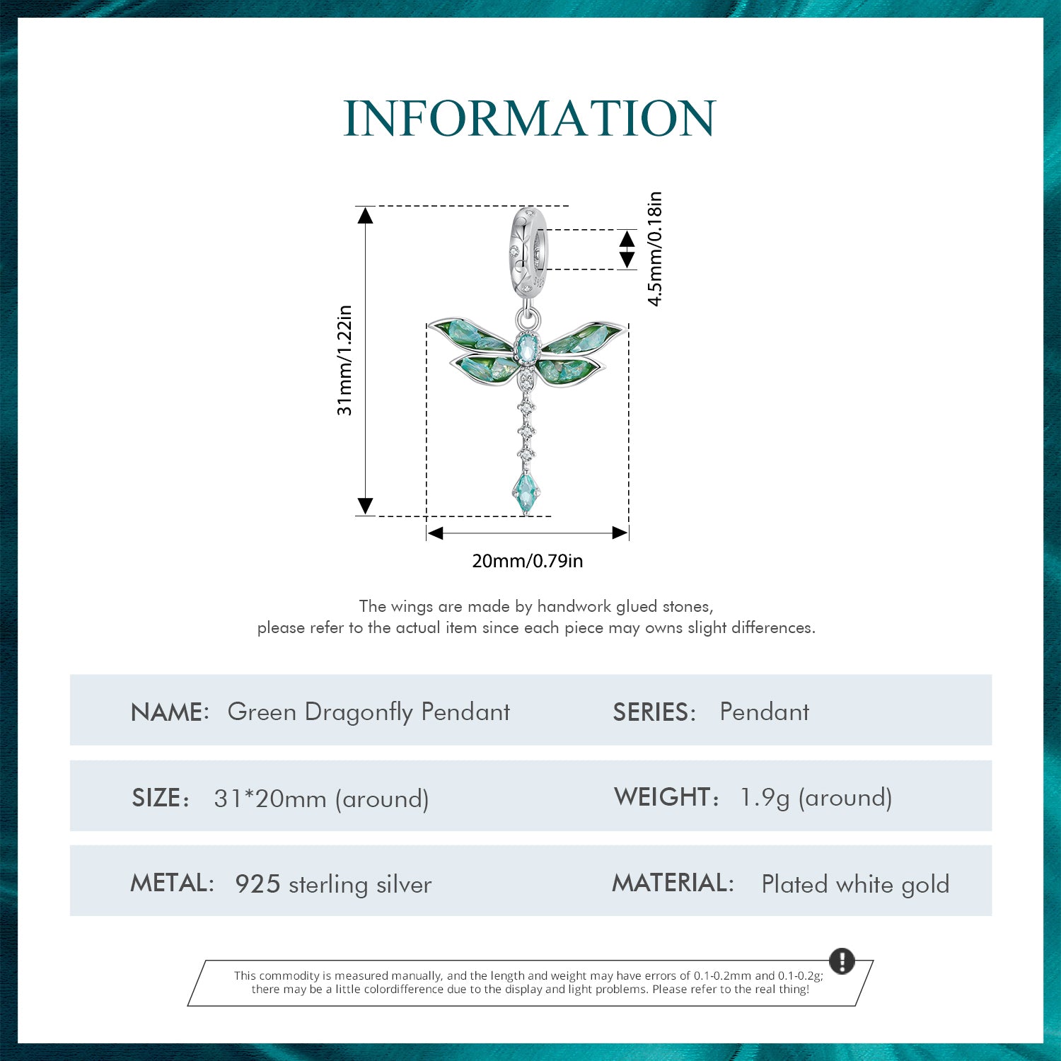 Green Dragonfly 925 Sterling Silver Dangle Charm Pendant