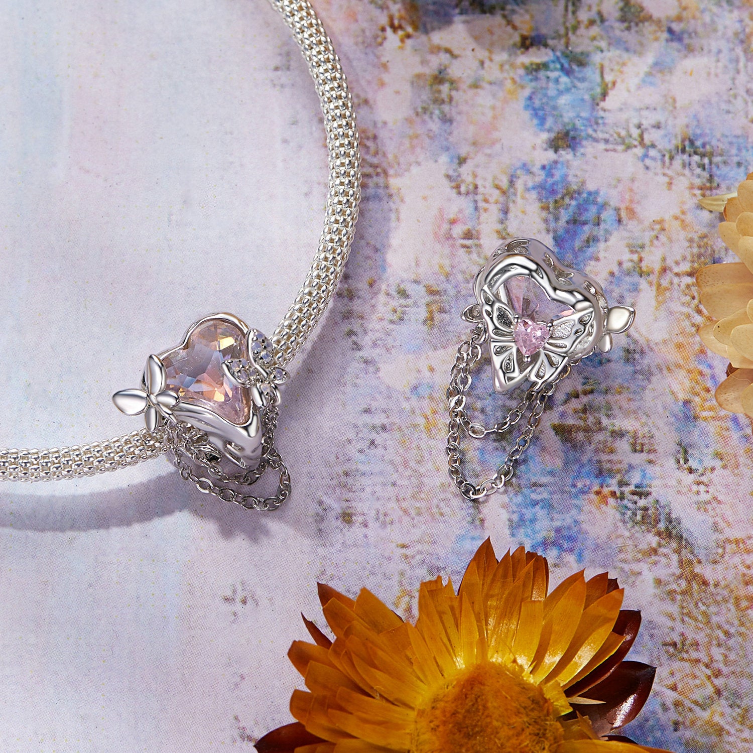Dancing Butterfly Heart Chain Charm Pendant in 925 Sterling Silver