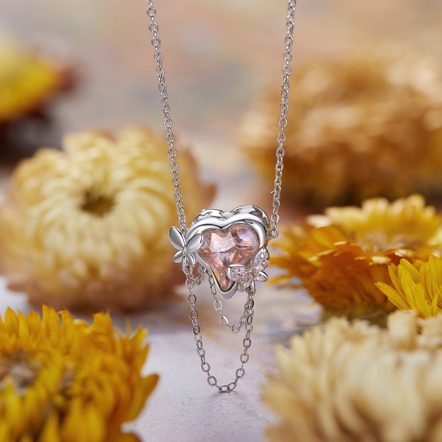 Dancing Butterfly Heart Chain Charm Pendant in 925 Sterling Silver