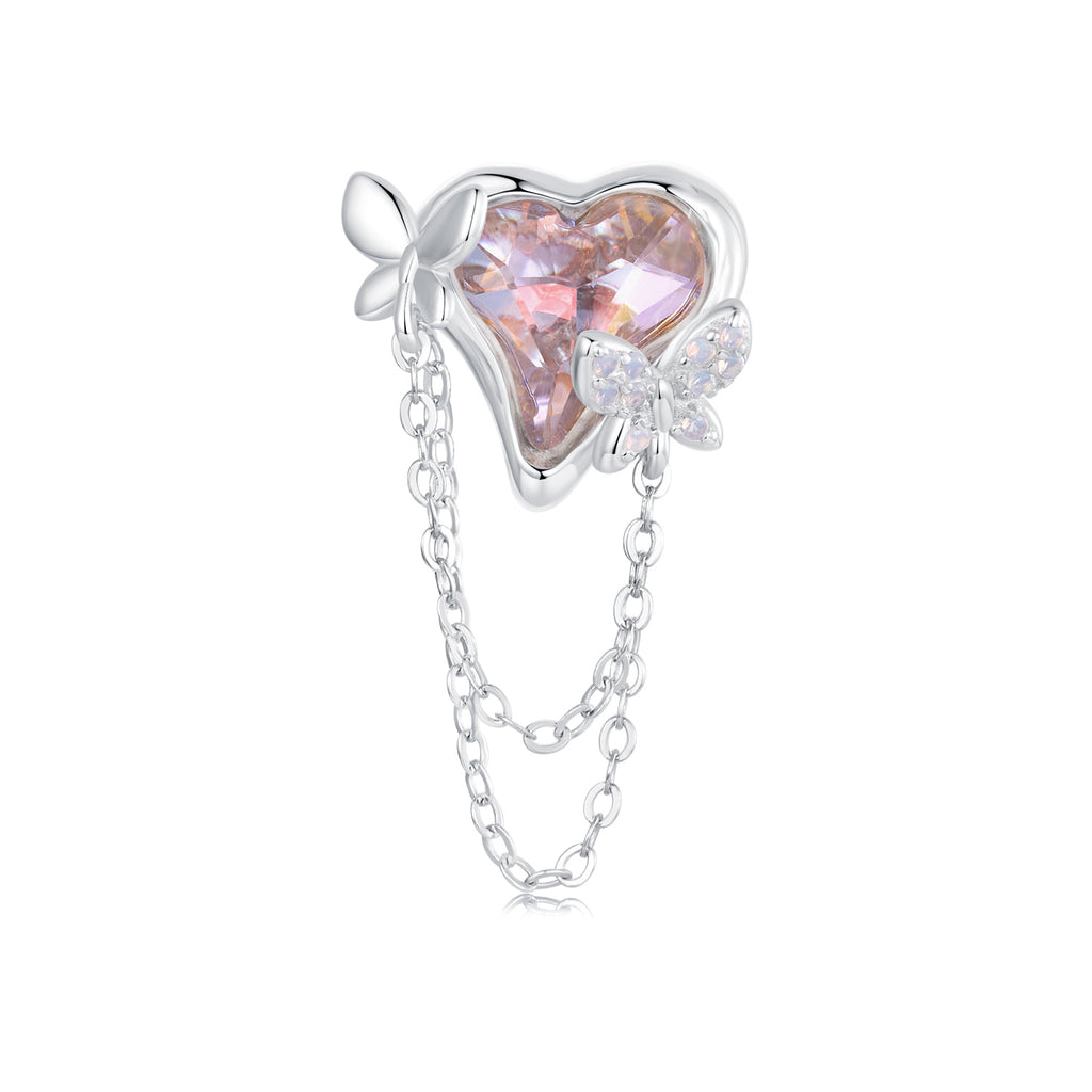 Dancing Butterfly Heart Chain Charm Pendant in 925 Sterling Silver