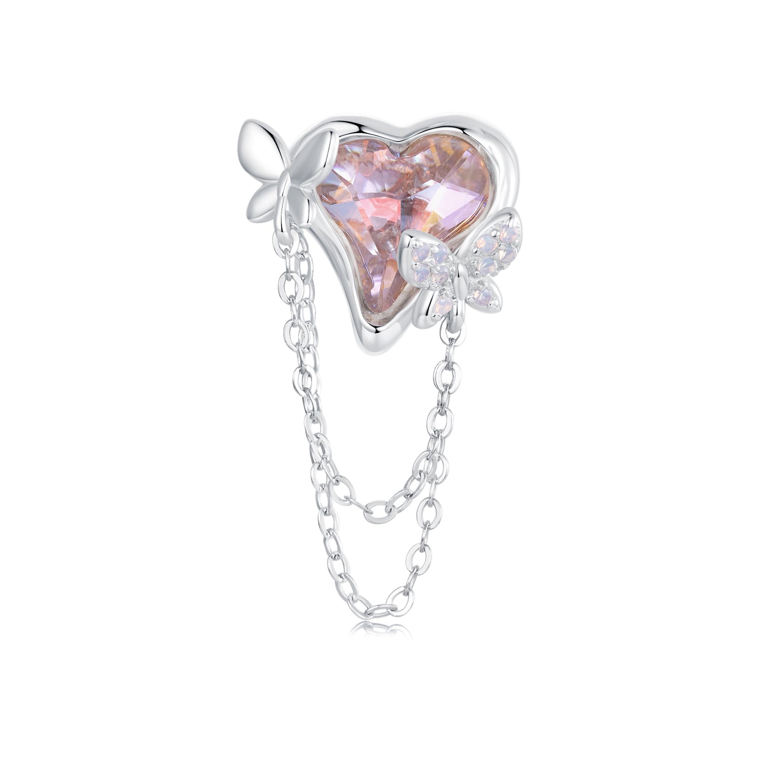 Dancing Butterfly Heart Chain Charm Pendant in 925 Sterling Silver